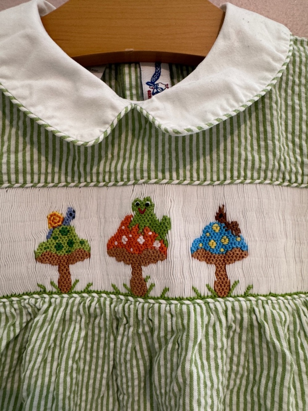 Silly Goose Green Striped Smocked Baby Romper with Peter Pan Collar - Picture 2 of 7